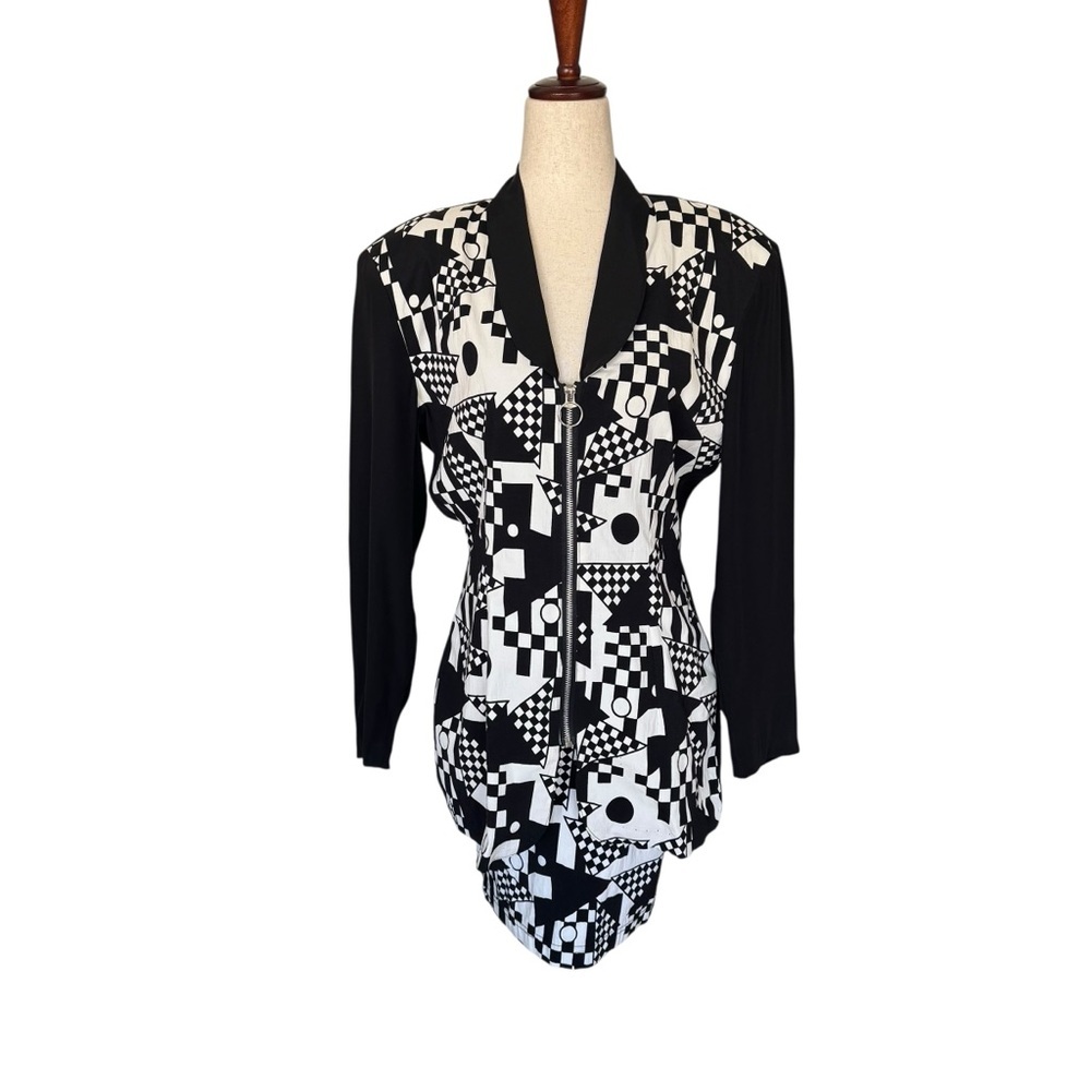 Vintage 80s Judy Knapp 2 pc Suit Blazer Jacket Skirt Geometric Pattern New Wave